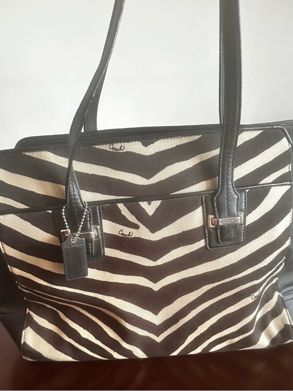 Coach Zebra-Print Canvas Tote in Black and Cream with Leather Trim